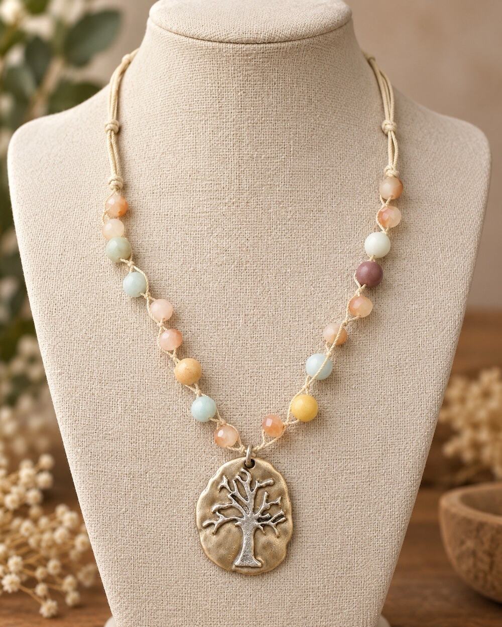 Tree of Life Pendant Necklace Pastel Beaded Cord Adjustable Boho Statement